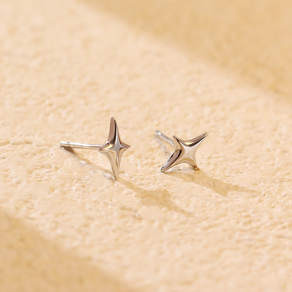 Minimalist Polished Four-Point Star 925 Sterling Silver Stud Earrings
