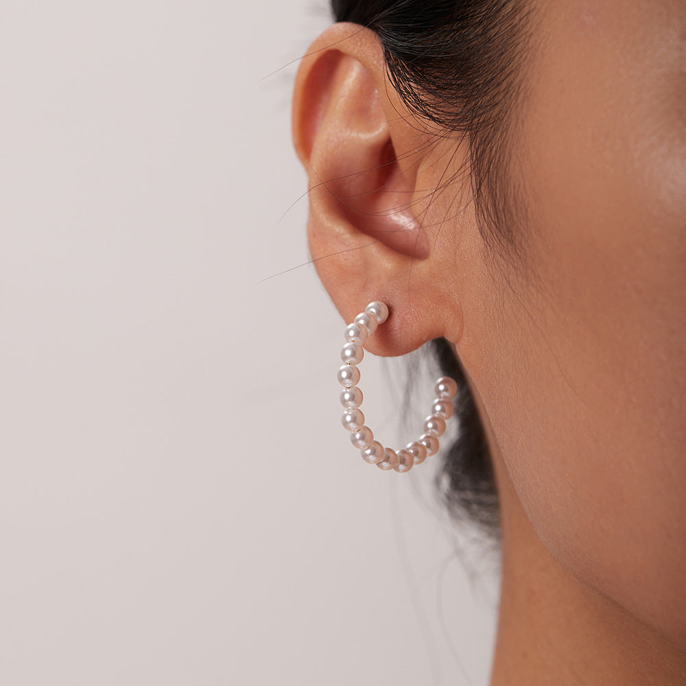 Elegant French-Style Minimalist Stainless Steel Stud Earrings with 18K Gold Plating and Geometric C-Shaped Pearl Accents for Women
