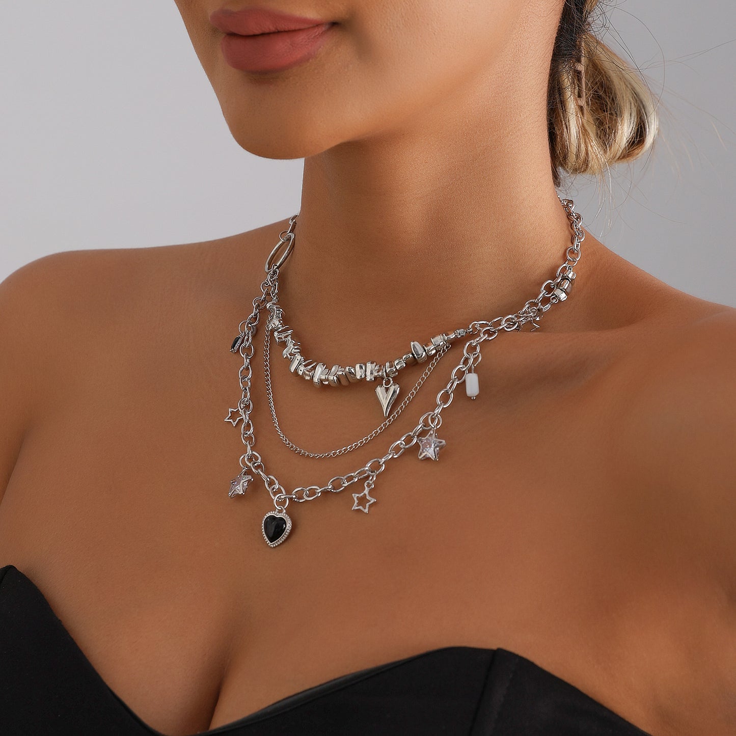 Sweet Streetwear Heart Star Geometric Alloy Plated Multi-Layer Necklace for Women