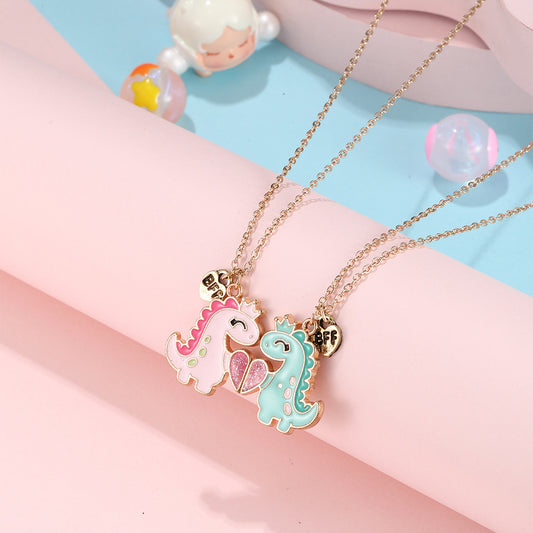 Cartoon Dinosaur Pendant Necklace for Kids and Adults with Magnetic Clasp, Alloy Heart-Shaped Animal Design, Enamel Finish, Cross Chain Style