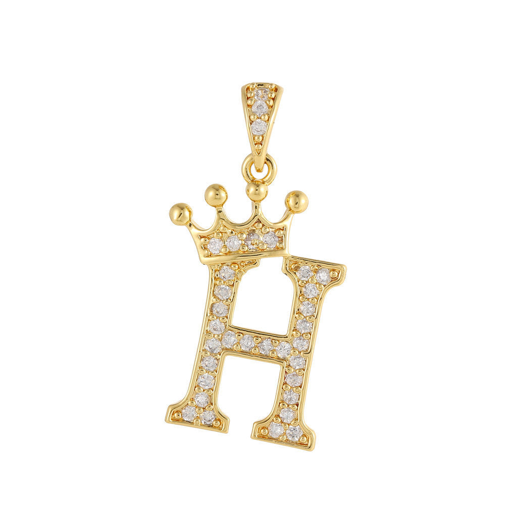 Gold Plated Brass Crown Letter Charm Bar with Cubic Zirconia for DIY Necklace Bracelet