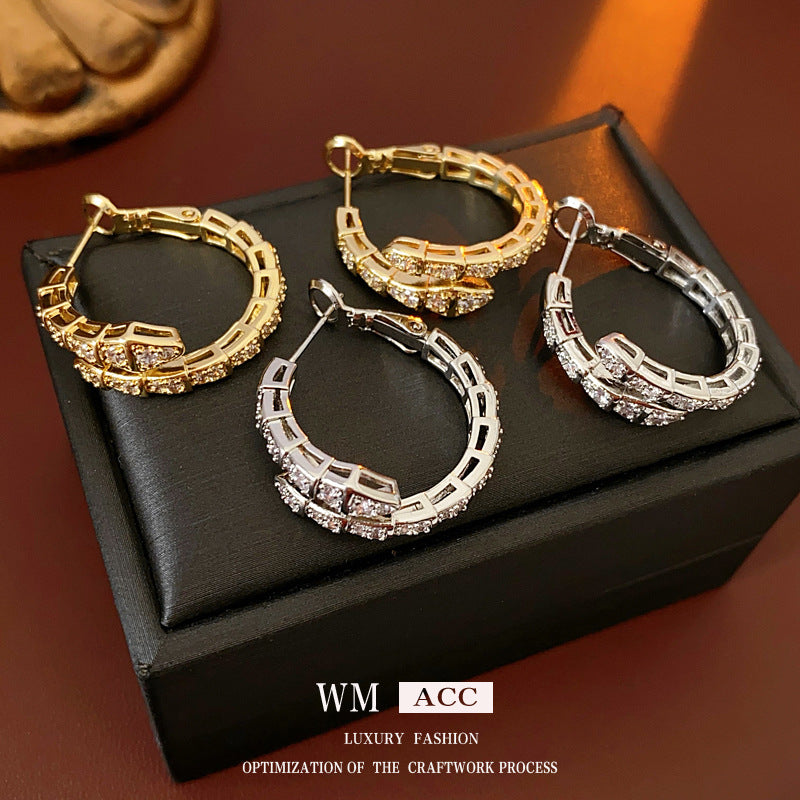 Chic Snake-Shaped Zirconia-Set Gold-Plated Copper Hoop Earrings for Women with Stainless Steel Posts