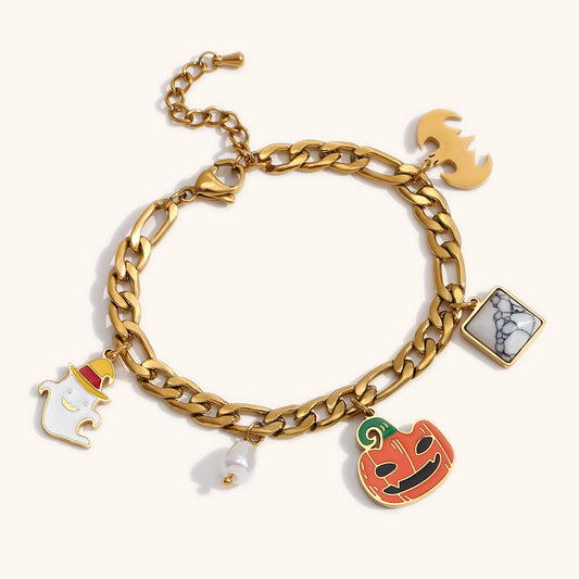 Pulsera de abalorios de calabaza y murciélago de Halloween a la moda en acero inoxidable con baño de oro de 18 quilates para mujer