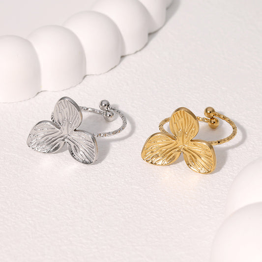 Anello Aperto da Donna Minimalista a Foglia in Acciaio Inox con Finitura Galvanica