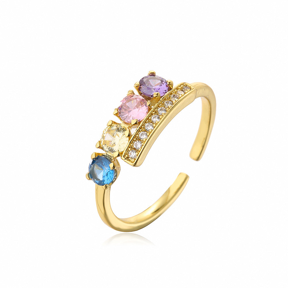 Anello Aperto Geometrico Minimalista da Donna in Rame con Placcatura in Oro e Intarsio di Zirconi Arcobaleno