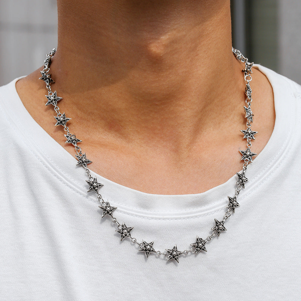 Hip-hop Men's Hollow Star and Clover Geometric Alloy Necklace with Cable Chain