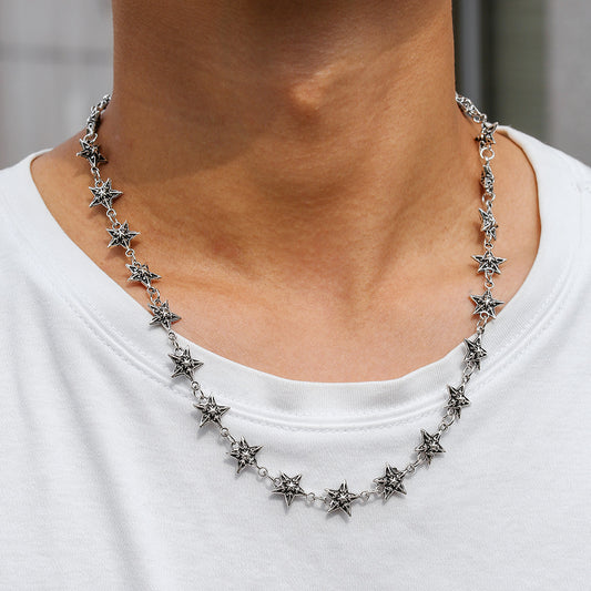 Hip-hop Men's Hollow Star and Clover Geometric Alloy Necklace with Cable Chain