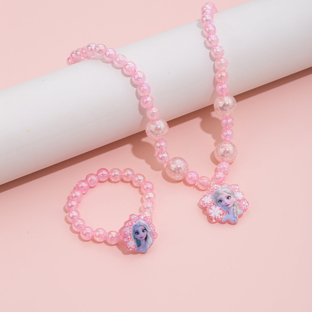 Cartoon Elsa Princess Necklace Set for Kids with Resin Pendant on Beaded Chain Adjustable for Ages 0-10 Years