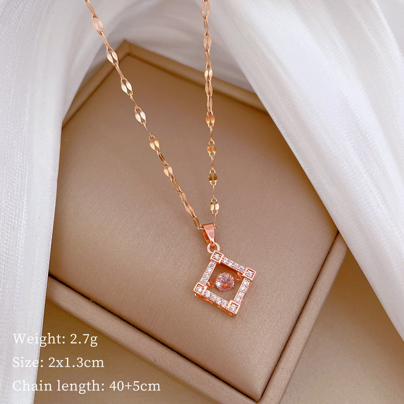 Luxury Geometric Titanium Steel Pendant Necklace for Women with Rhinestone Inlay, Delicate Clavicle Chain Style
