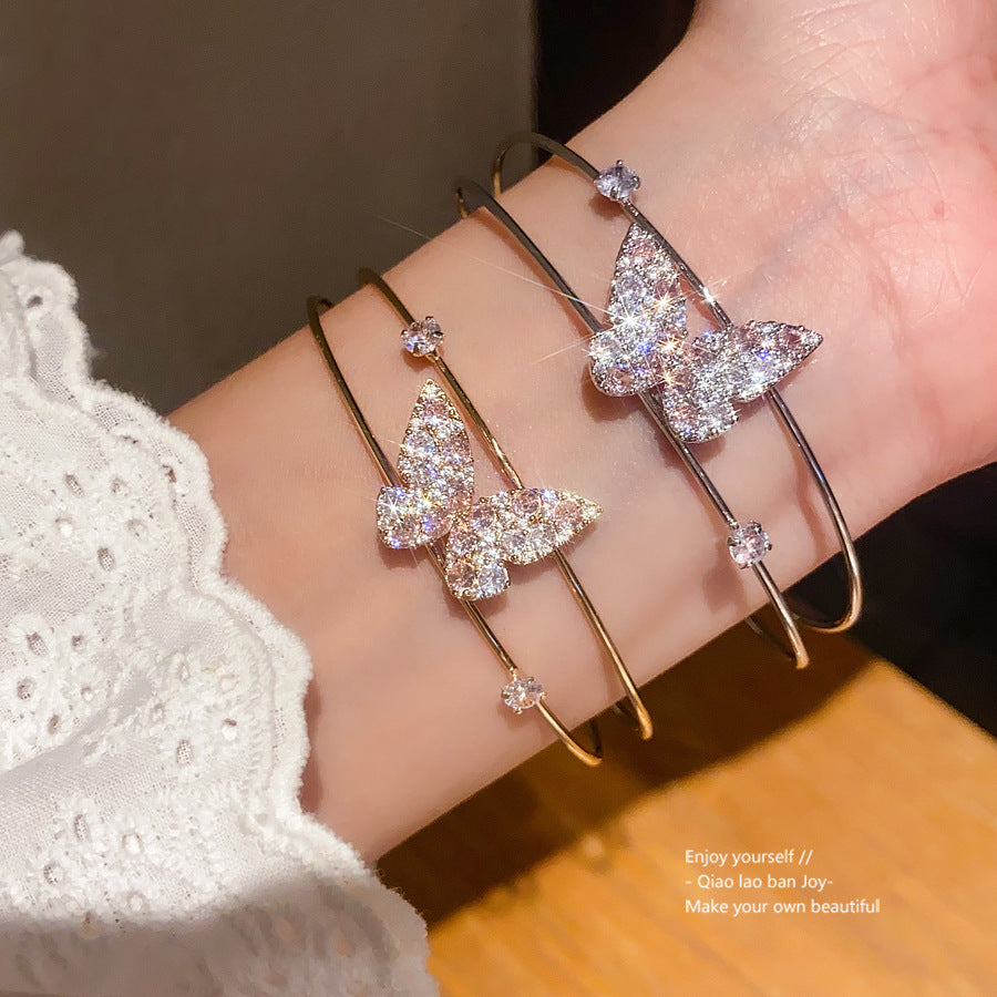 Elegant Butterfly Cubic Zirconia Inlaid Brass Cuff Bracelet for Women