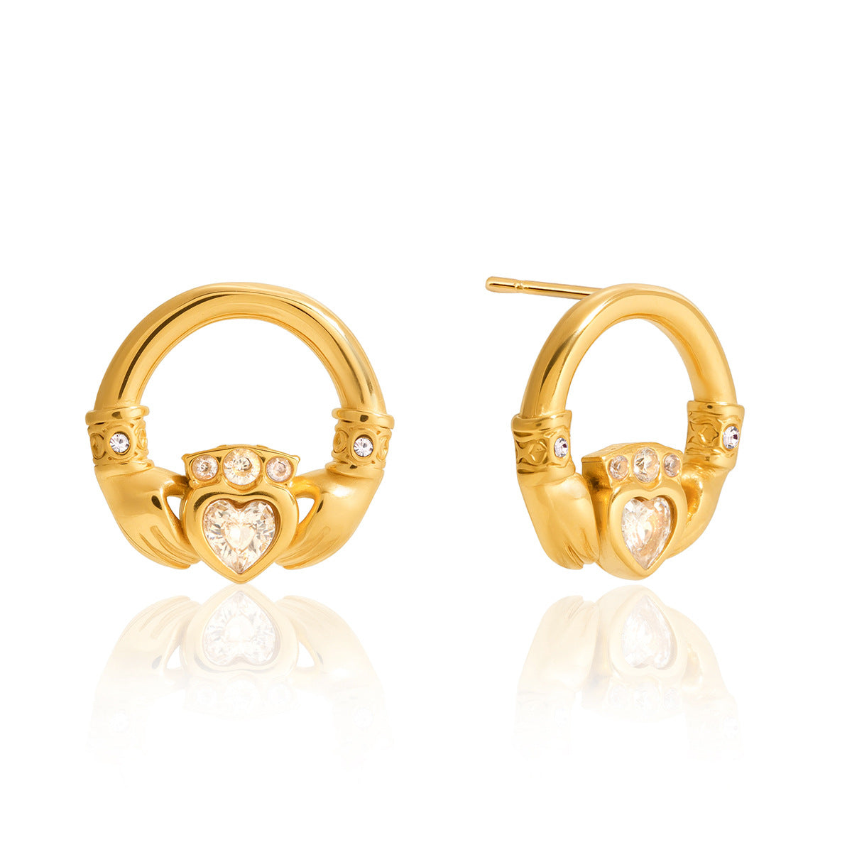 Pendientes de acero de titanio con forma de mano geométrica e incrustaciones de circonio, chapados en oro al vacío PVD, aretes modernos y elegantes para mujer