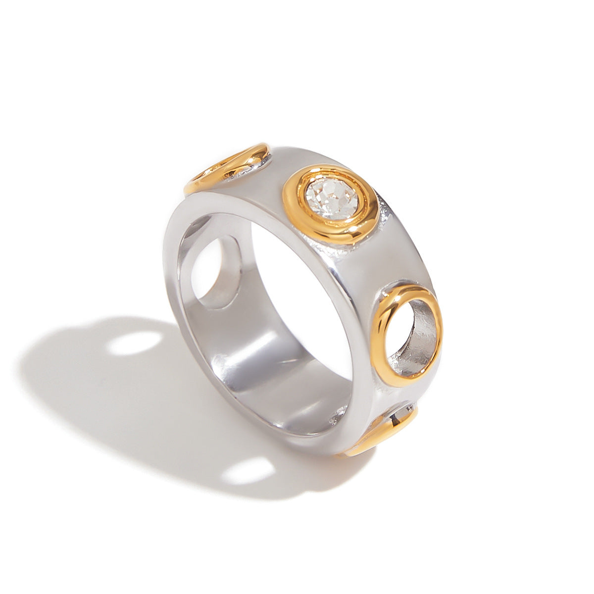 Punk Minimalist Geometric Round Cubic Zirconia Inlay Plated Stainless Steel Ring for Women