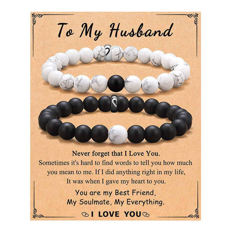 Geometric Black and White Beaded Stainless Steel Bracelet Set for Couples