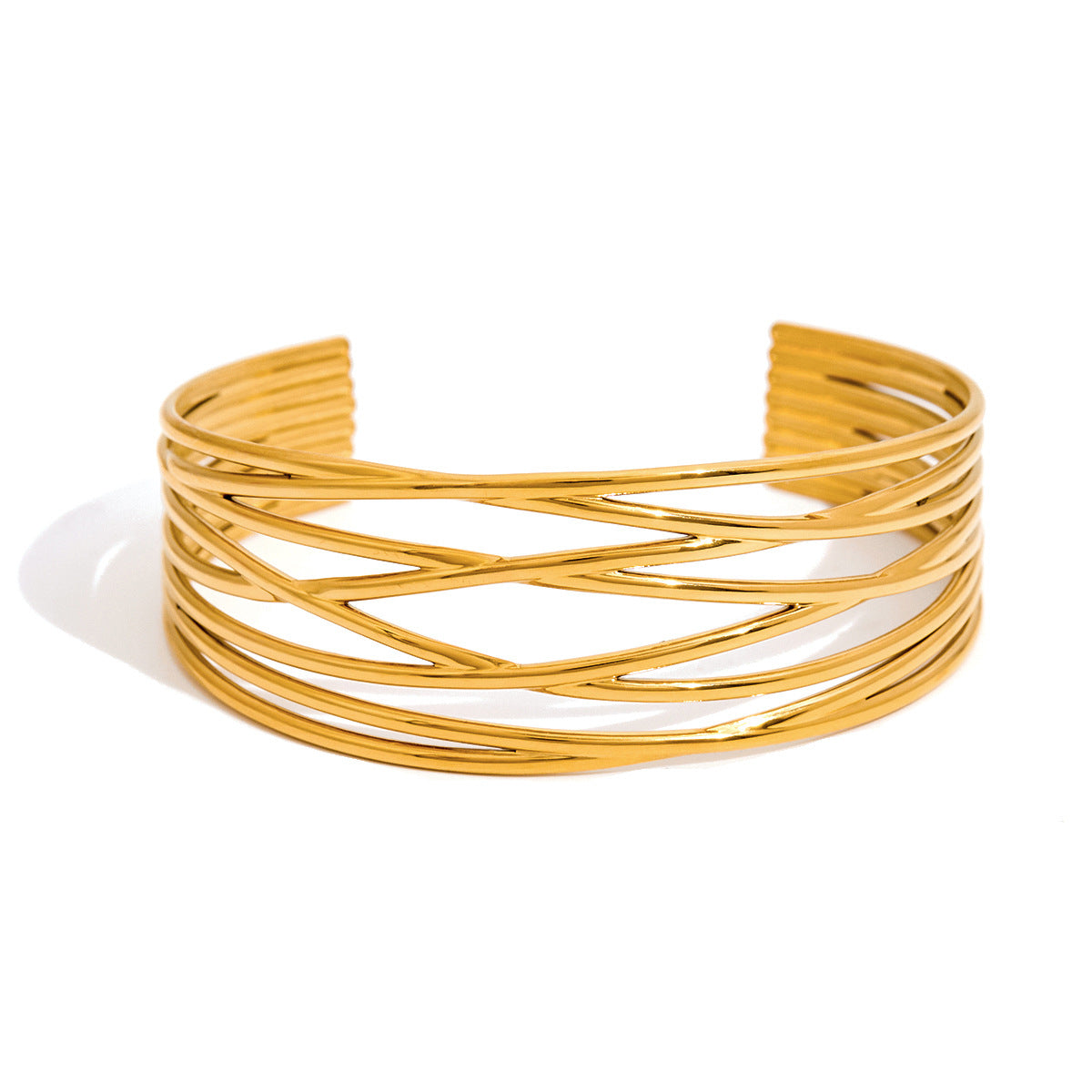 Brazalete de acero inoxidable con diseño geométrico hueco y circonitas para mujer, a la moda