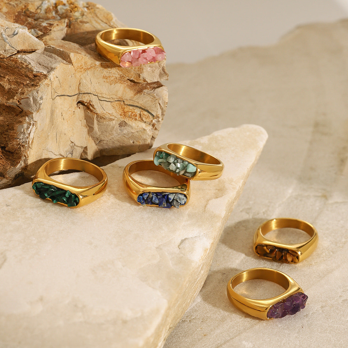 Square Plated Stainless Steel Ring with Natural Gemstone for Women