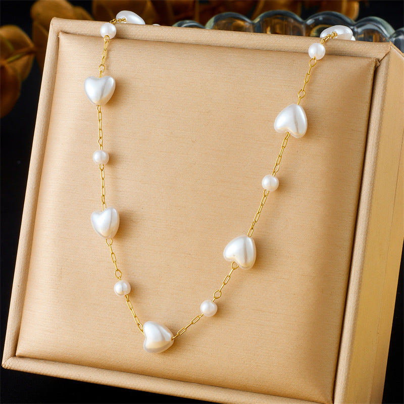 Vintage Elegant Heart Teardrop Pearl Plated Stainless Steel Necklace Bracelet Set for Women