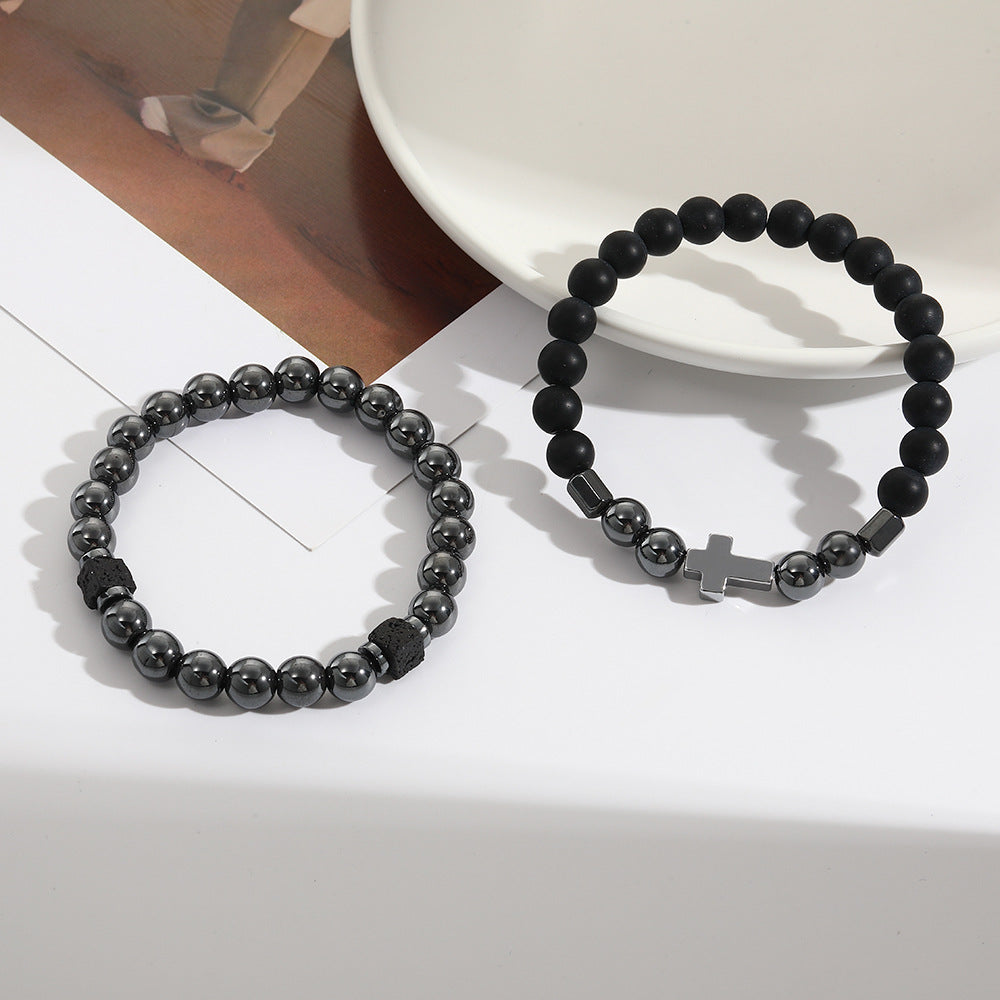 Matte Black Hematite Beaded Cross Bracelet Set