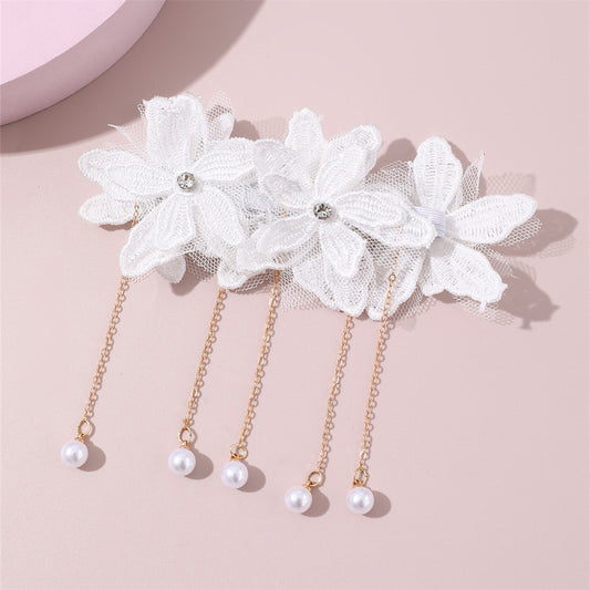 Cute Floral Pearl-Embellished Hair Ring with Lace and Tassel Accents for Kids