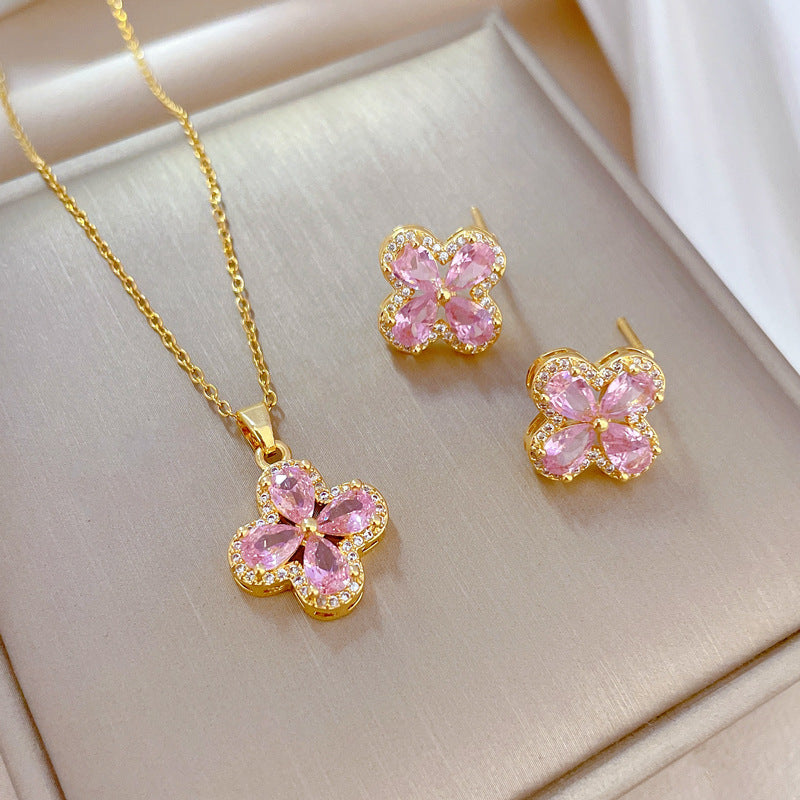 Luxury Titanium Steel Four-Leaf Clover Pendant Necklace and Earrings Set with Geometric Design for Women Formal Events
