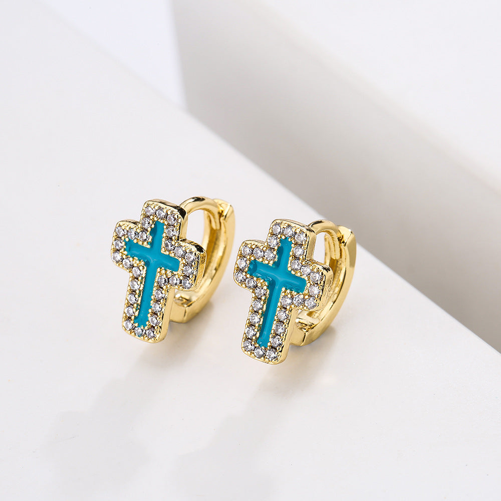 Orecchini geometrici minimalisti in rame placcati in oro 18 carati con smalto in zirconia micro-pavé