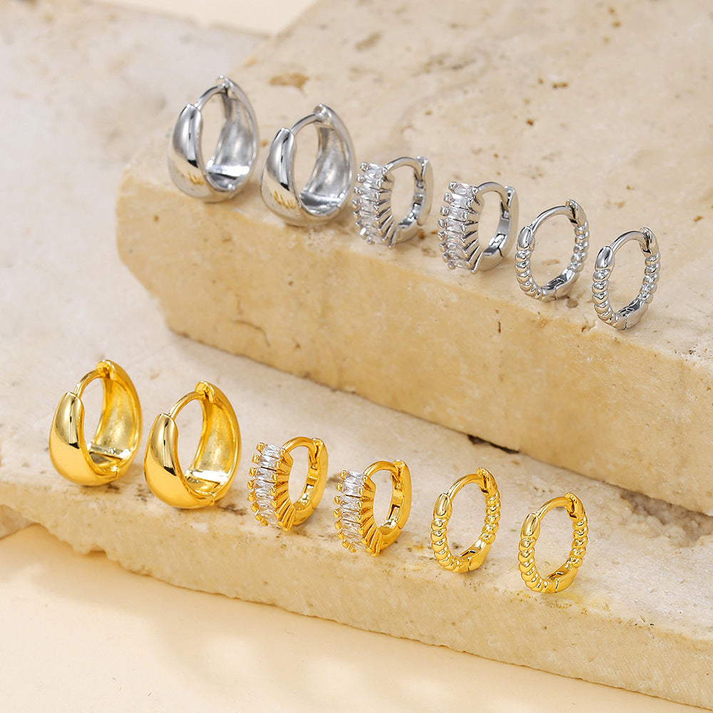 Gold Plated Brass Geometric Round Hoop Earrings with Cubic Zirconia for Women