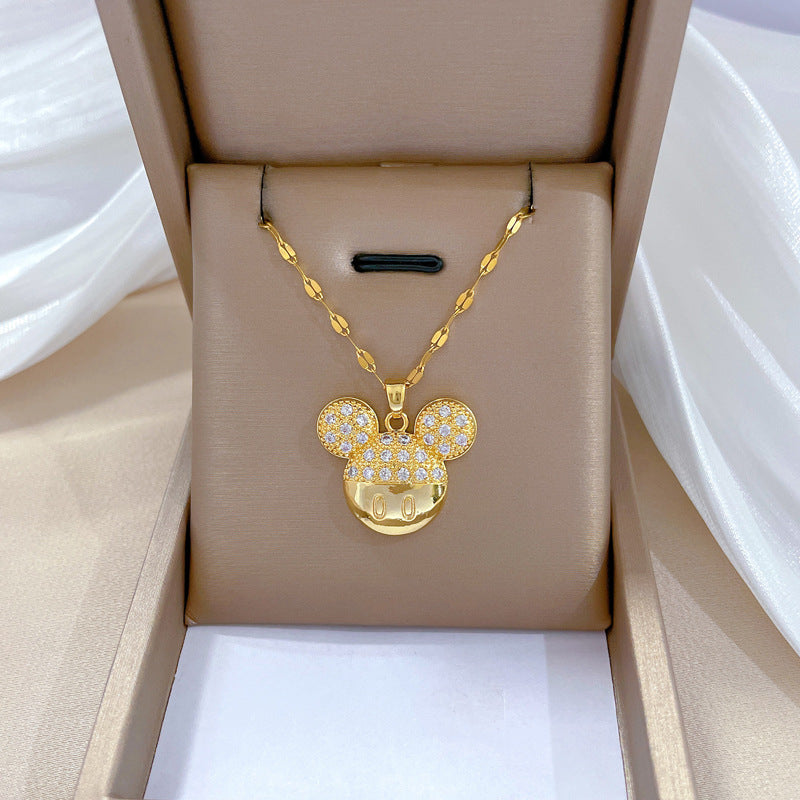 Luxury Titanium Steel Geometric Mouse Pendant Necklace for Women with Rhinestone Inlay, Adjustable Stainless Steel Chain, Minimalist Cute Locket Style