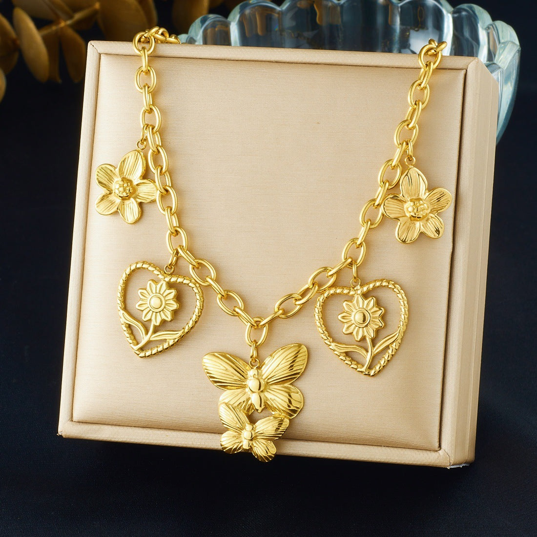 Chic Gold Plated Drip Oil Heart Floral Star Round Stainless Steel Pendant Necklace for Women