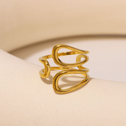Minimalist Asymmetrical Hollow Oval Stainless Steel Ring with Plated Finish Adjustable Unisex Jewelry