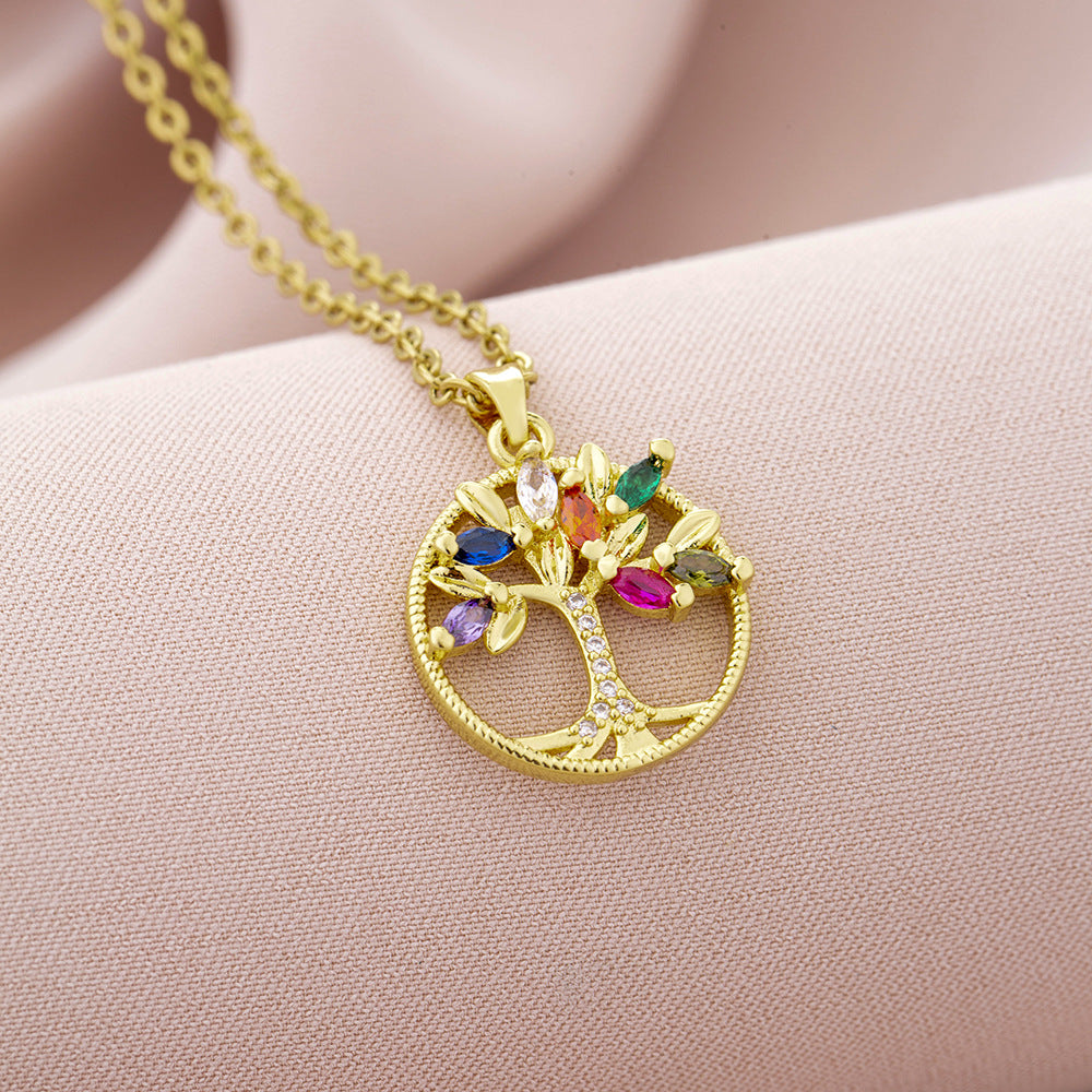 Collar con Colgante del Árbol de la Vida de Moda para Mujer en Cobre con Baño de Oro, Diseño Geométrico, Cadena tipo O, Estilo Minimalista y Versátil