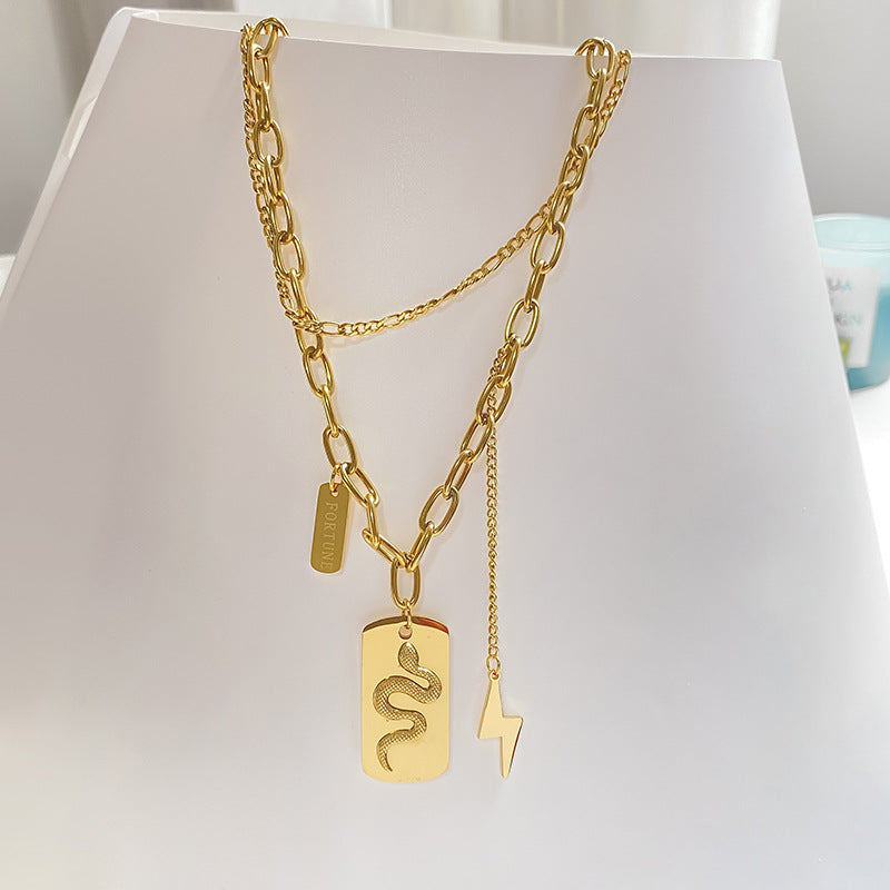 Gold Plated Titanium Steel Leopard Print Square Pendant Necklace for Unisex
