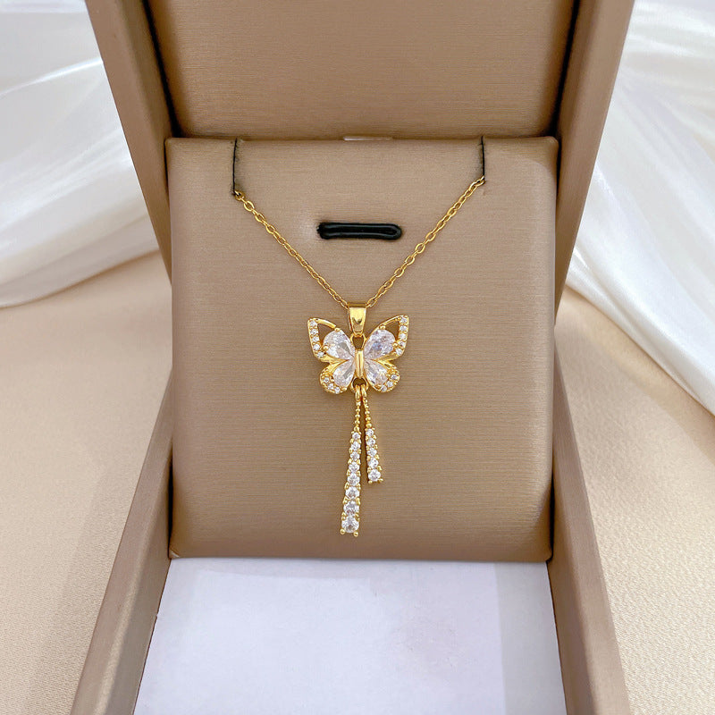 Minimalist Geometric Titanium Steel Necklace with Gold Plated Brass Pendant and Rhinestone Inlay