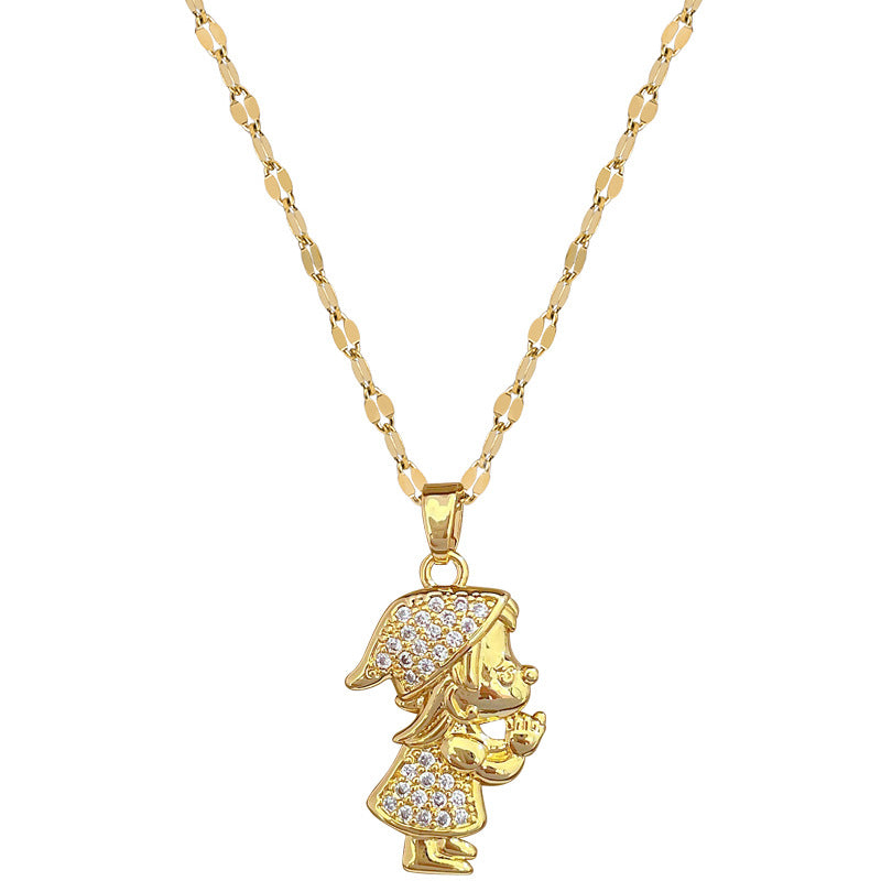 Collana con pendente luna geometrica minimalista in acciaio inossidabile con zirconi per donna e uomo