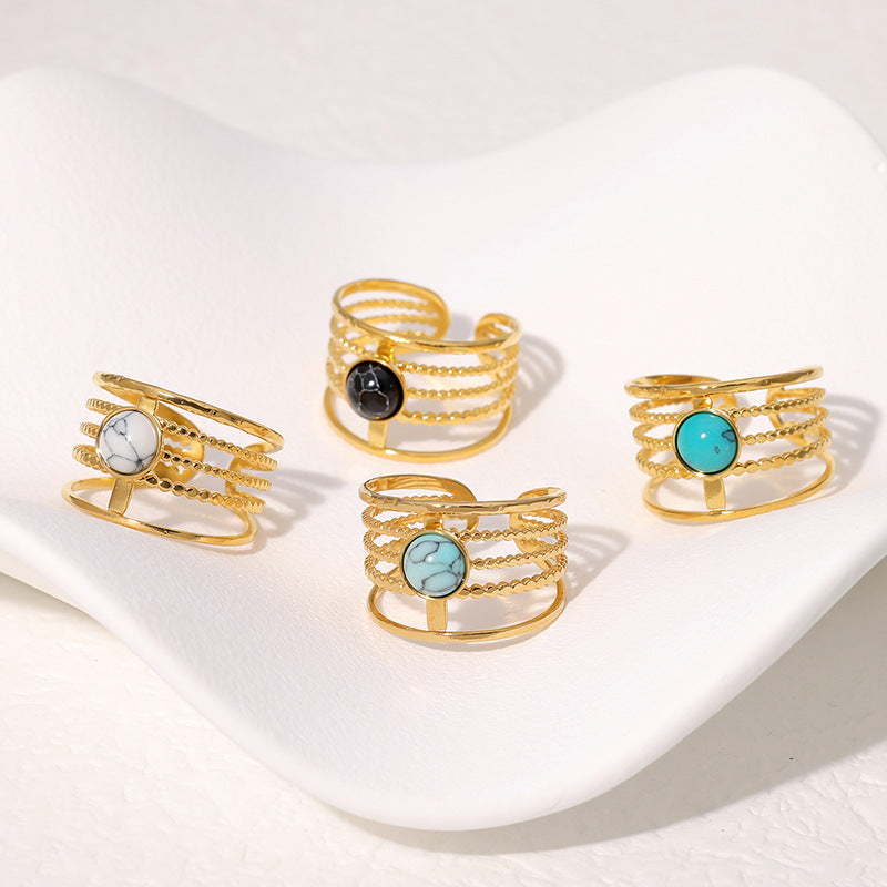 Minimalist Geometric Titanium Steel Adjustable Open Ring with Turquoise Stone for Women