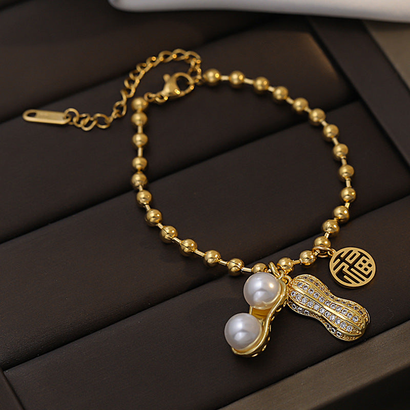 Bracciale da donna in acciaio al titanio placcato, stile cinese, con perline geometriche a forma di arachide