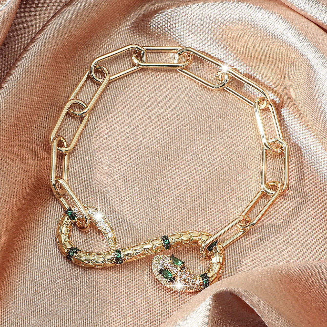 Bracciale personalizzato a forma di serpente in lega da donna con intarsio di strass e placcatura in oro 18 carati