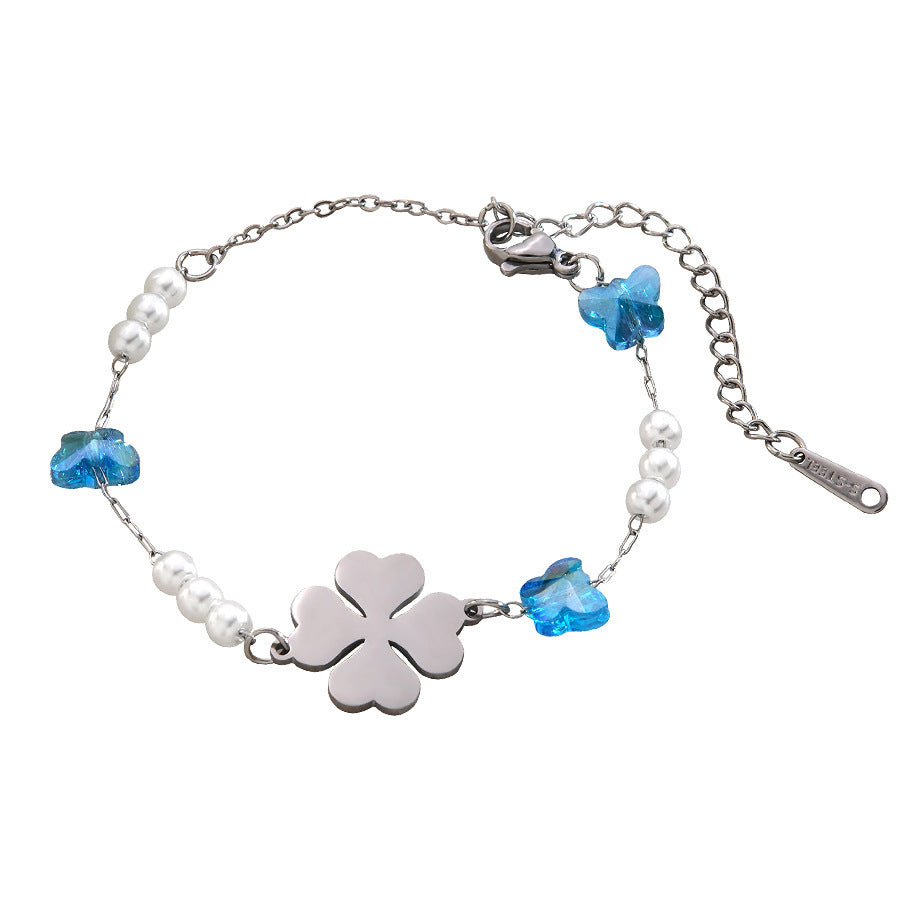 Vintage Floral Stainless Steel Bracelet with Pearl Inlay