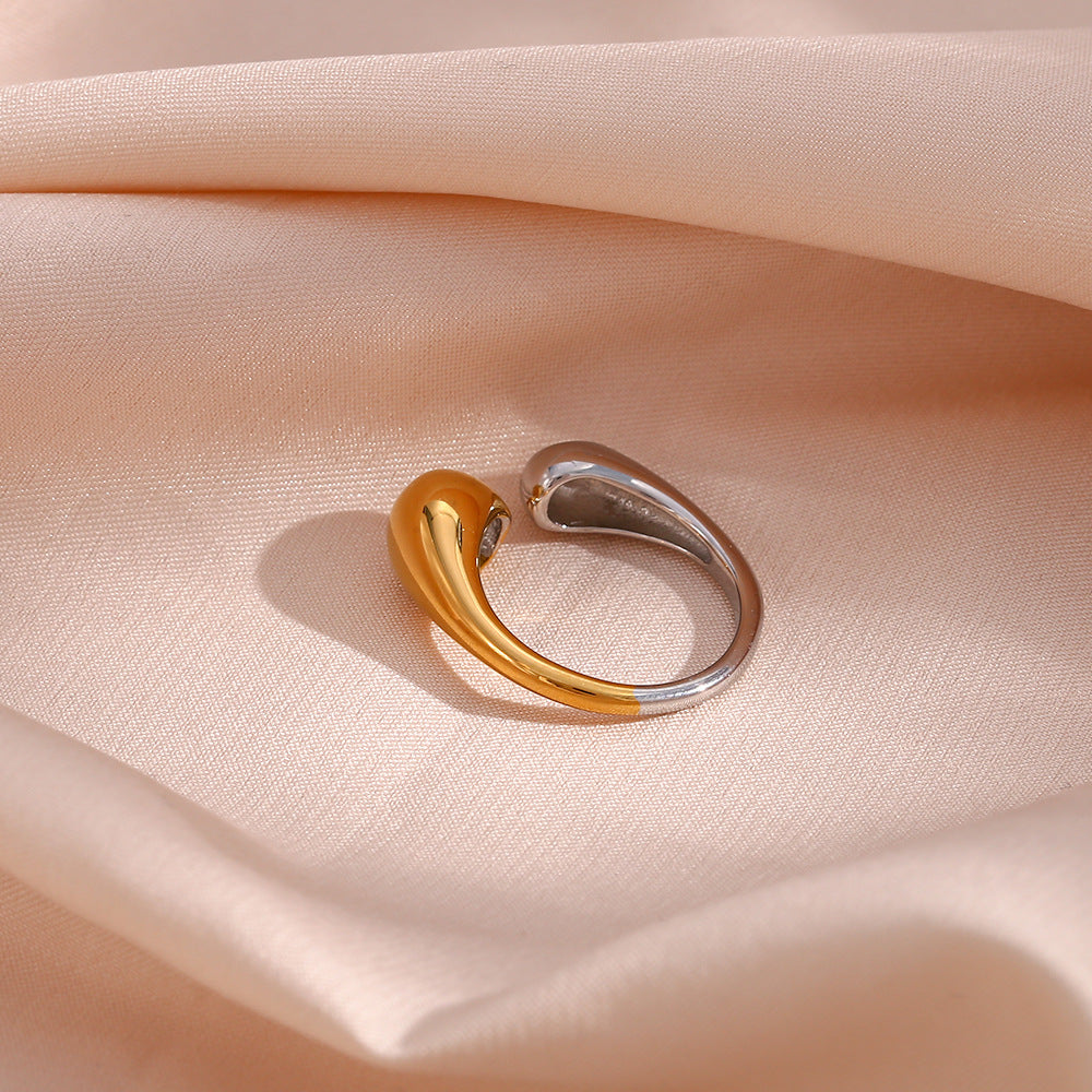 Minimalist Fashion Stainless Steel Open-End Geometric Drop-Shaped Ring with Gold and Silver Plating for Women
