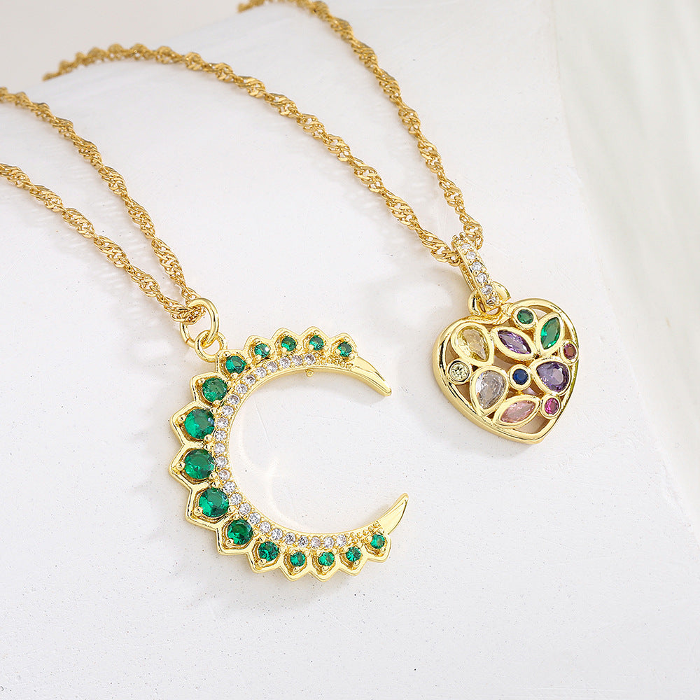 Collana a Pendente Geometrico Minimalista da Donna con Base in Rame Placcata in Oro 18K e Accento Cuore in Zircone