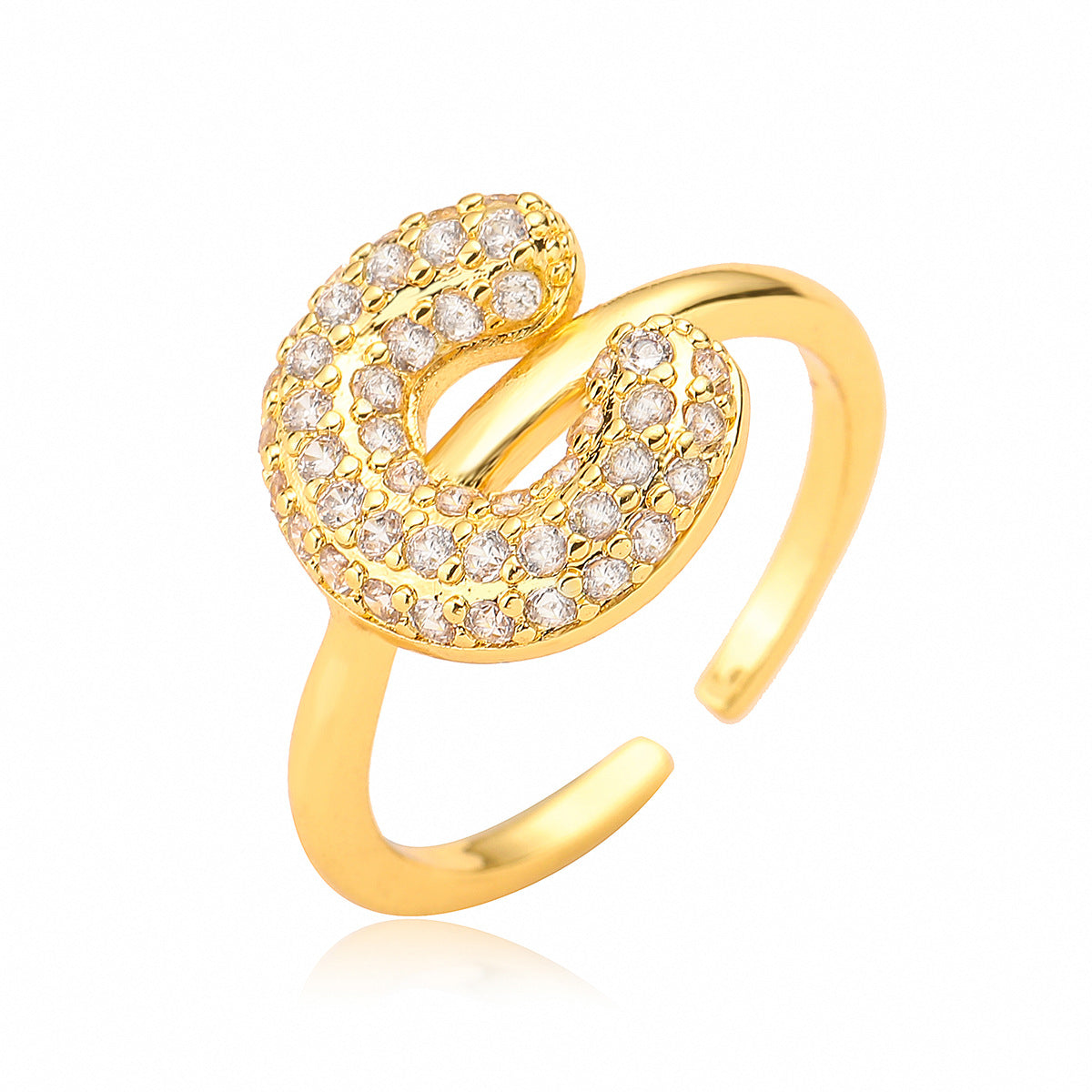 Anillo de cobre minimalista de forma geométrica con letras, chapado en oro de 18K y detalles de circonita para mujer