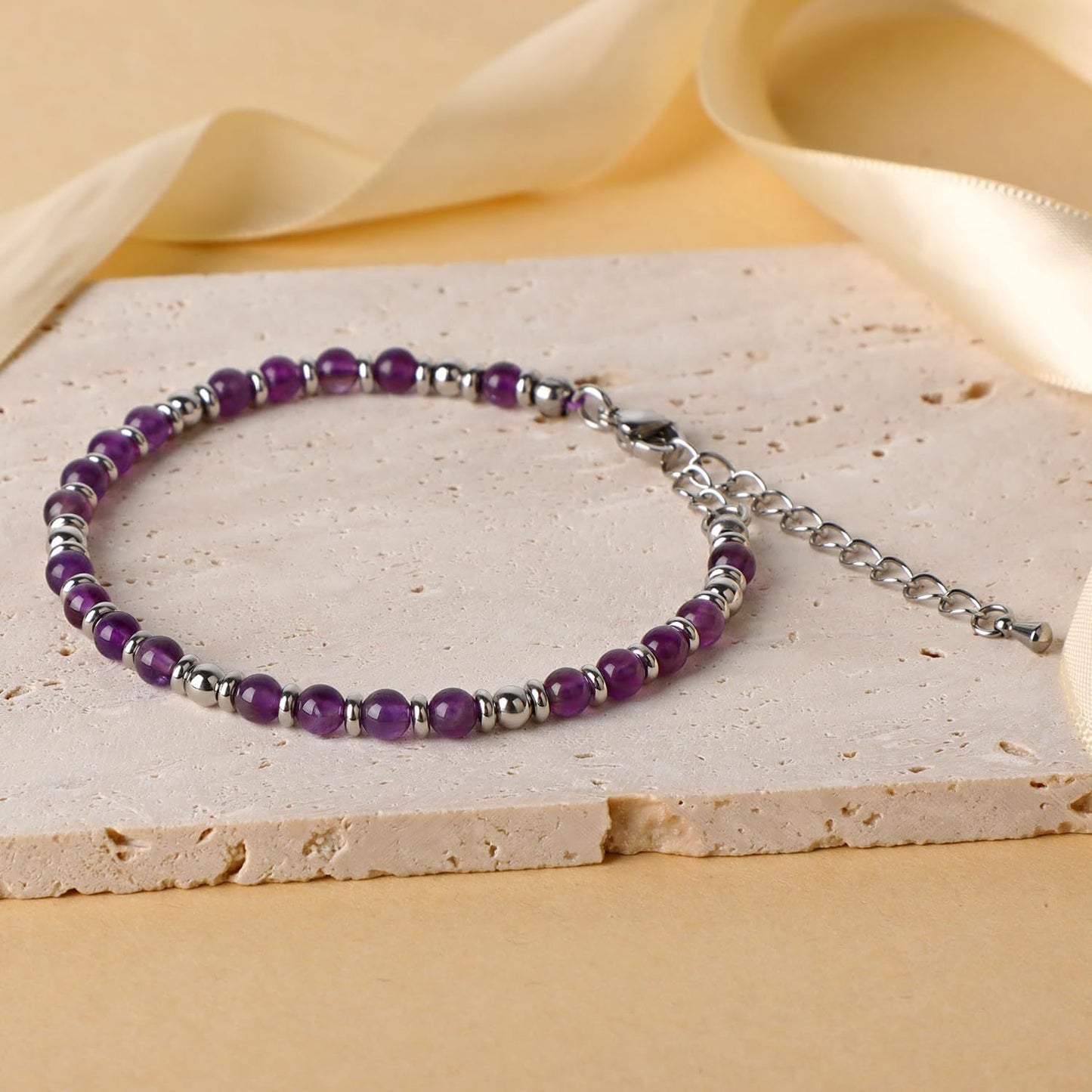Sweet Geometric Gemstone Beaded Stainless Steel Adjustable Bracelet