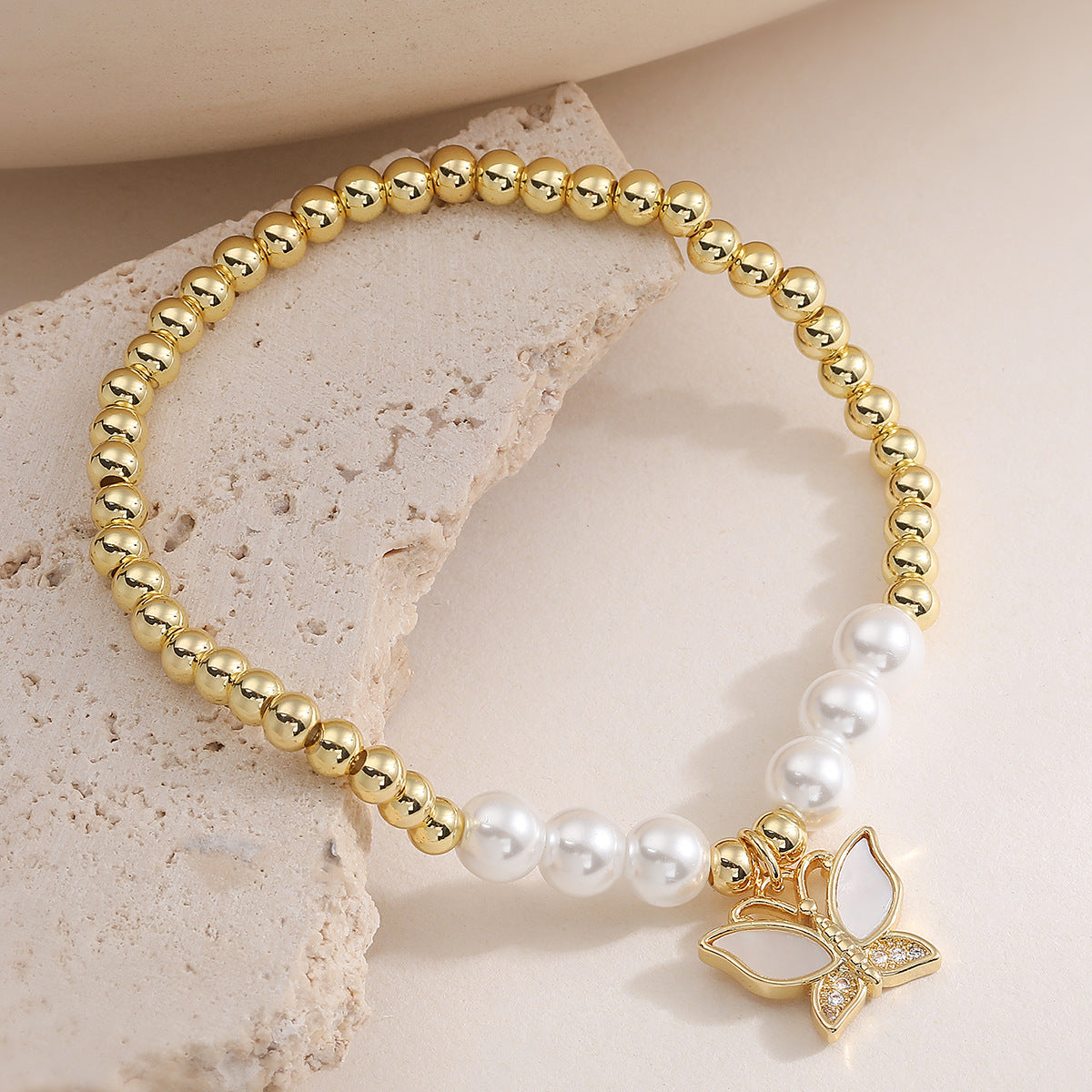 Elegant 18K Gold Plated Brass Butterfly Heart Geometric Pendant with Cubic Zirconia and Pearl Bracelet for Women