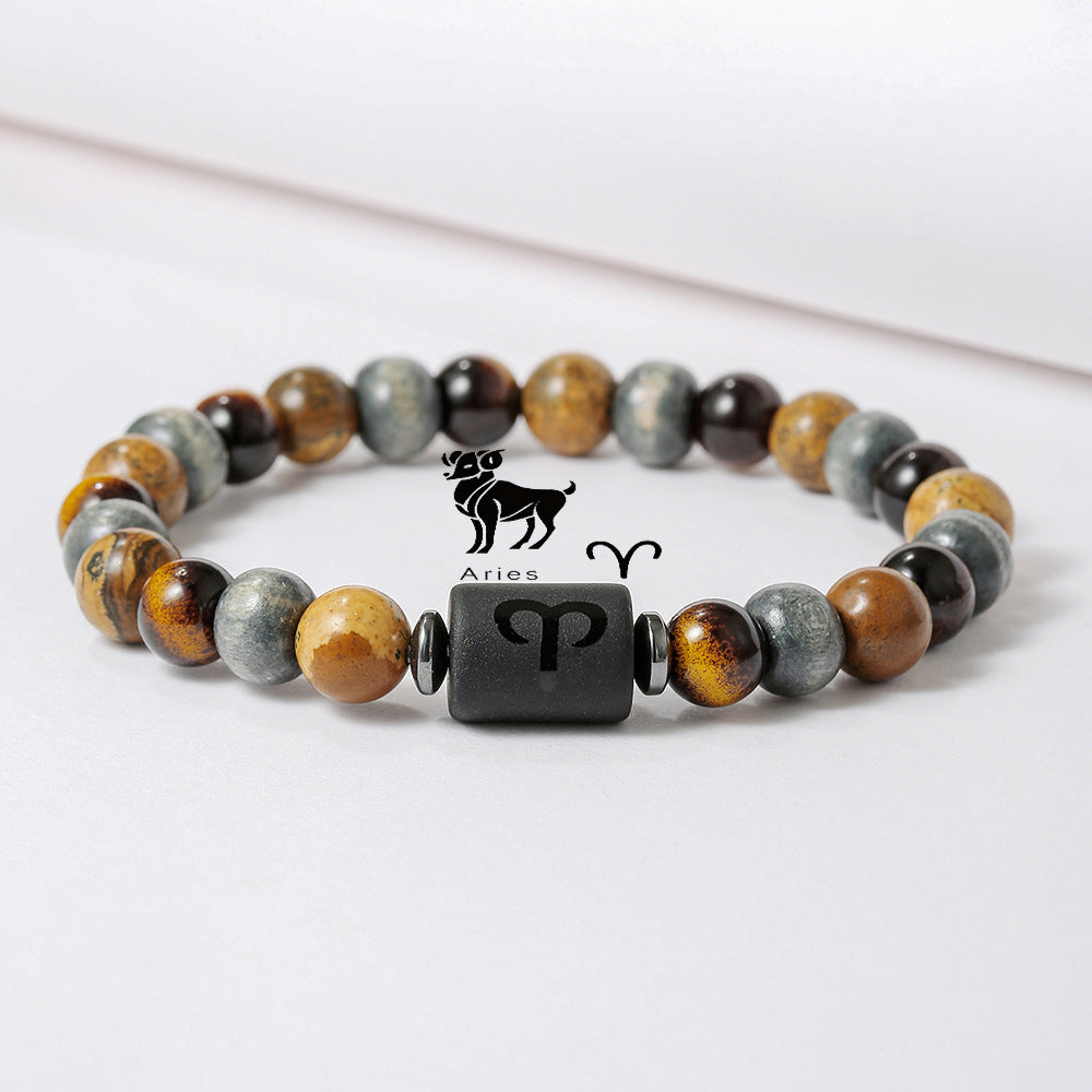 Handmade Round Tiger's Eye Beaded Bracelet Zodiac Constellation Design Unisex