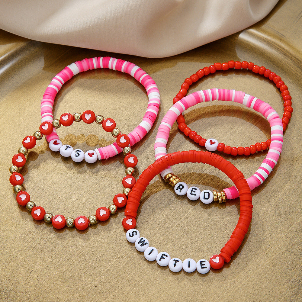 Handmade Fashion Commuter Bracelet with Polymer Clay Heart Pendant and Letter Beads on Stainless Steel and Copper Chain for Women