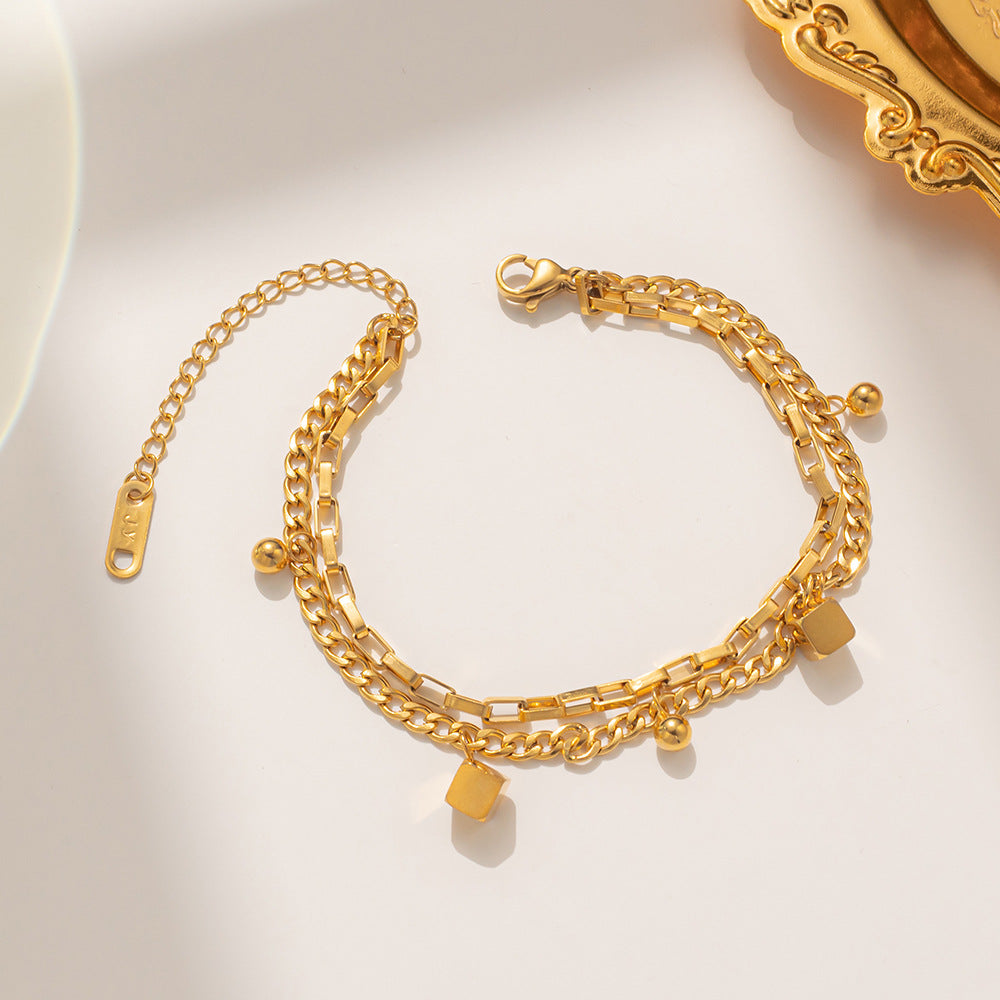 Fashion Titanium Steel Geometric Double Layer Bracelet for Women with Gold Plating and Lucky Beads