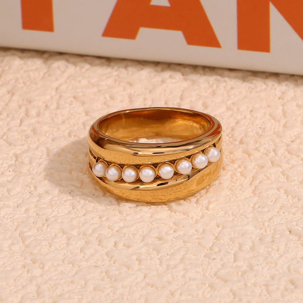 Vintage Elegant Geometric Gold Plated Stainless Steel Ring with Pearl Center for Women