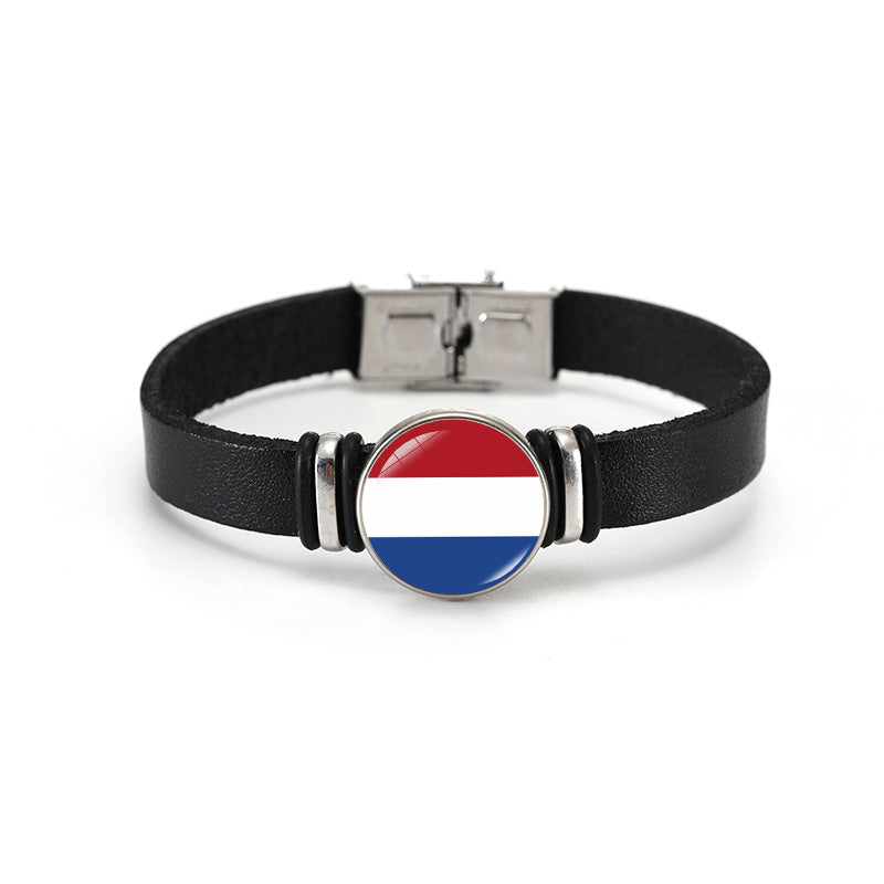 Geometric Plated Leather Bracelet Unisex World Cup Flag Design Casual Wristband