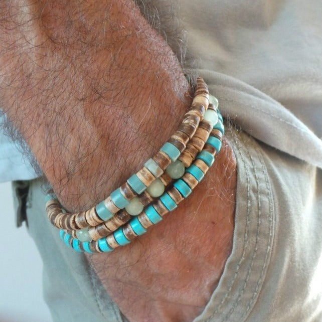 Minimalist Geometric Wood Turquoise Coconut Shell Beaded Bracelet Handmade Unisex Jewelry