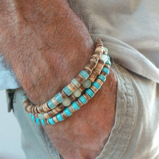 Minimalist Geometric Wood Turquoise Coconut Shell Beaded Bracelet Handmade Unisex Jewelry