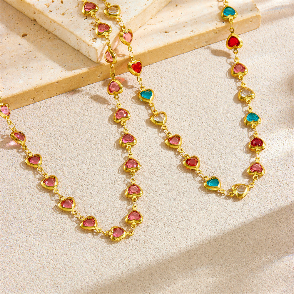 Sweet Minimalist Heart-Shaped Rhinestone Pendant Necklace in Stainless Steel with Plated Finish