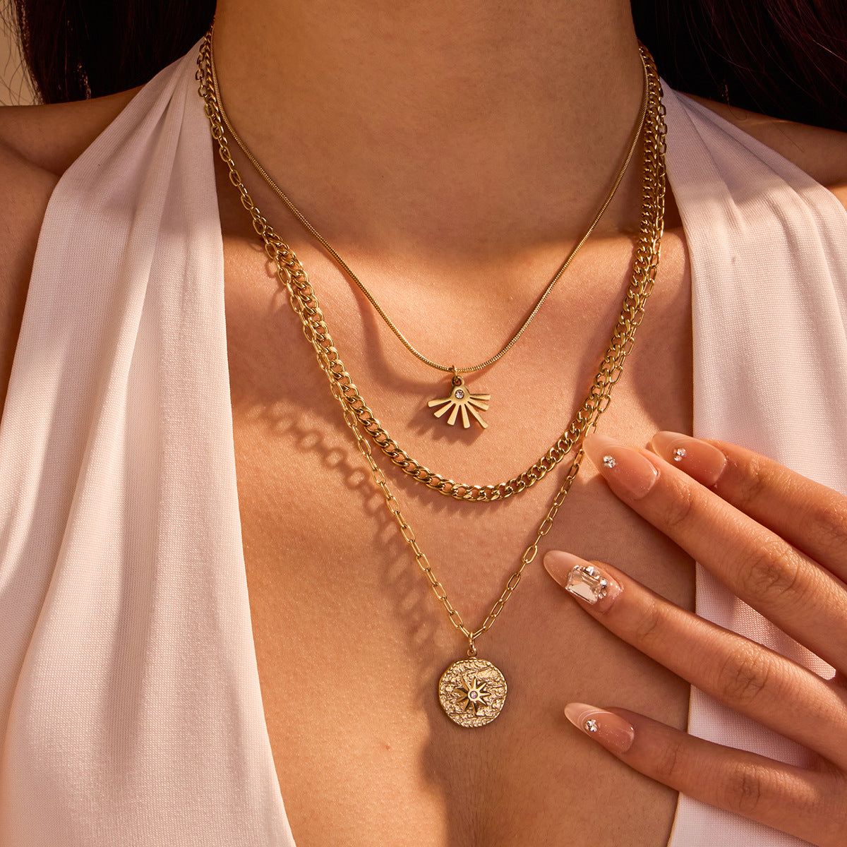 Collar con dije geométrico de acero inoxidable a la moda con acabado enchapado y cadena de eslabones de bambú para mujer